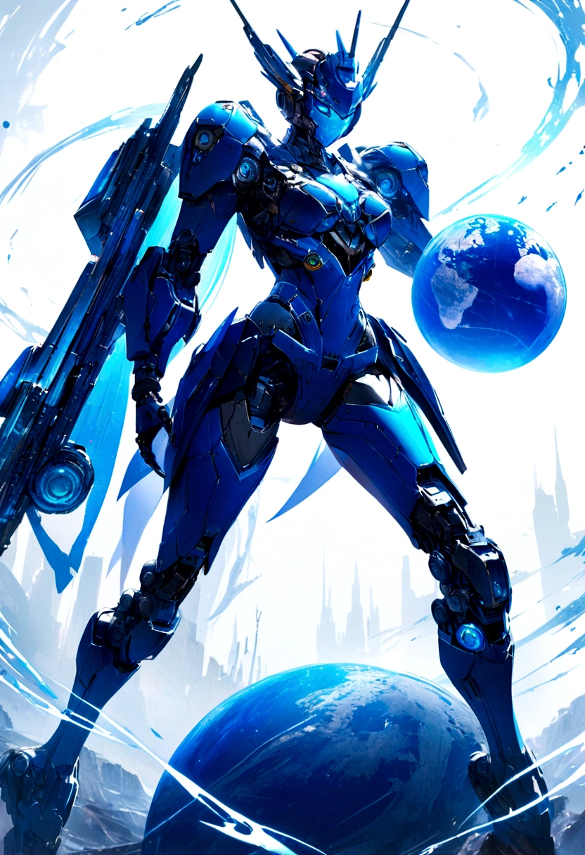 Create a super realistic blue mini robot, Holding and circular planet, Neon effects and pure white background