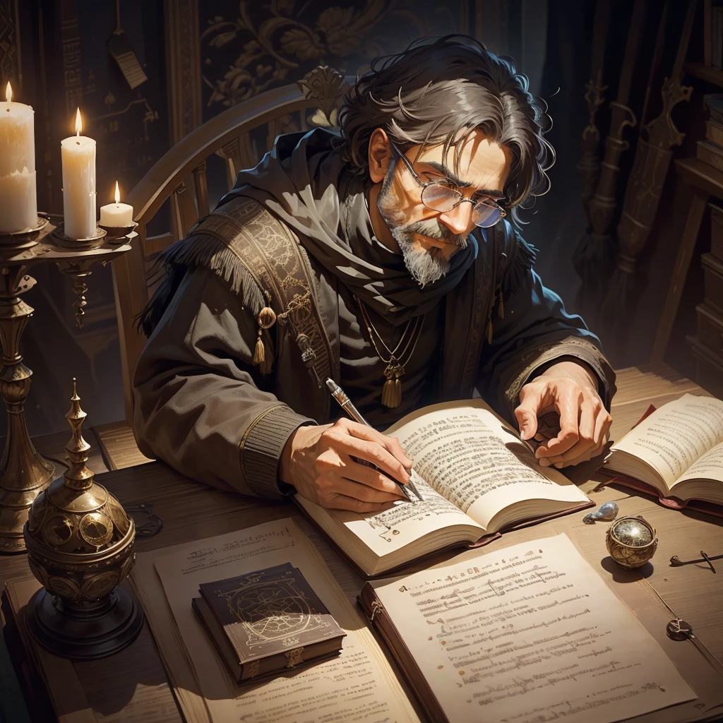 a man, solo,with a stern demeanor and a pair of glasses perched on his nose, exudes a complex aura of a mathematician and poet. His demeanor is reminiscent of a thoughtful explorer navigating the realm of mathematics, challenging endless puzzles with pure logic and reason. His glasses are more than an accessory, reflecting his inner world of complexities and depths. His eyes are filled with curiosity for the unknown and pursuit of the truth, and every movement, every thought, is like weaving a profound poem. His hand is often grasping a pen, its tip as magical as a wand, employed to craft complex mathematical equations or to inscribe profound poetry. His words, like his penmanship, are laden with insight and meaning, just as they carry ancient quotations, evoking both emotions and thought. Surrounding him can be found a mishmash of mathematical concepts, scientific disciplines like astronomy and occultism, poetry and literature arts, and even music. The books, charts, telescopes, mysterious talismans, old poetry manuscripts, all serve as his treasure trove, tools for exploring the world and understanding life. In his musical world, he enjoys playing deep and lingering melodies, his tunes imbued with philosophical insights and poetic sentiments. He knows how to translate mathematical formulas into notes, transform emotional verses into melodies, making him a true poet, musician, and mathematician. He is such an individual, a unique blend of thinker, poet, musician, and explorer. His thoughts, his poetry, and his music have left indelible marks on people’s hearts. He is fascinating and enchanting, both unique and captivating
