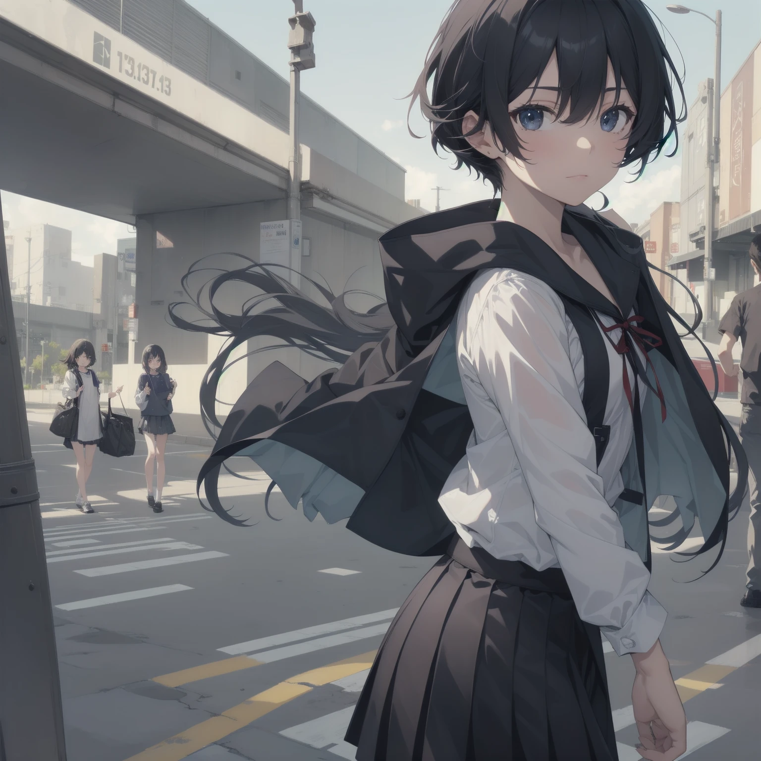 ultra-absurdres-Top quality by artist God, ultra-detailed, high resolution, anime moe artstyle, best anime 8k konachan wallpaper, pixiv contest winner, pool:2810, perfect anatomy,break, 1girl, (Please draw a girl walking sleepily to school alone. )break,(Solo,little female, 13-year-old:1.3),Full limbs, complete fingers,a junior high school student, (very short hair), short cut, flat chest, , small butt, small black eyes, beautiful detailed eyes, well-proportioned iris and pupils, expressive eyes, highres detailed hair, soft expression, salor school_uniform, sailor collar, serahuku, bow, pleated skirt,(Detailed Lighting), (Detailed background), in the School commute route. break,super detailed skin, Best cinematic lighting powered by famous artist, 8k,beauty illustration,photoshop_(medium),very aesthetic,break,((artist:toosaka_asagi )), artist:clamp ,artist:carnelian ,artist:kantoku ,