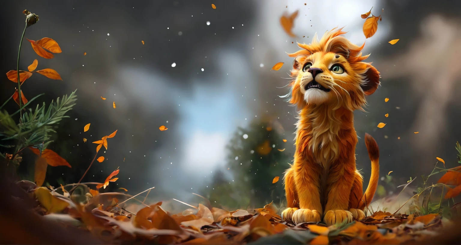 There is a cat that is sitting in the leaves, Beautiful digital artwork, cute lion, hd wallpaper, adorable digital painting, HD wallpaper, Realistic scene, beautiful high resolution, high quality desktop wallpaper, cute detailed digital art, high definition art, amazing wallpaper, 4 k HD wallpaper very detailed, Beautiful art, dramatic and detailed cinematic fur, beautiful wallpaper, fierce expression 4k