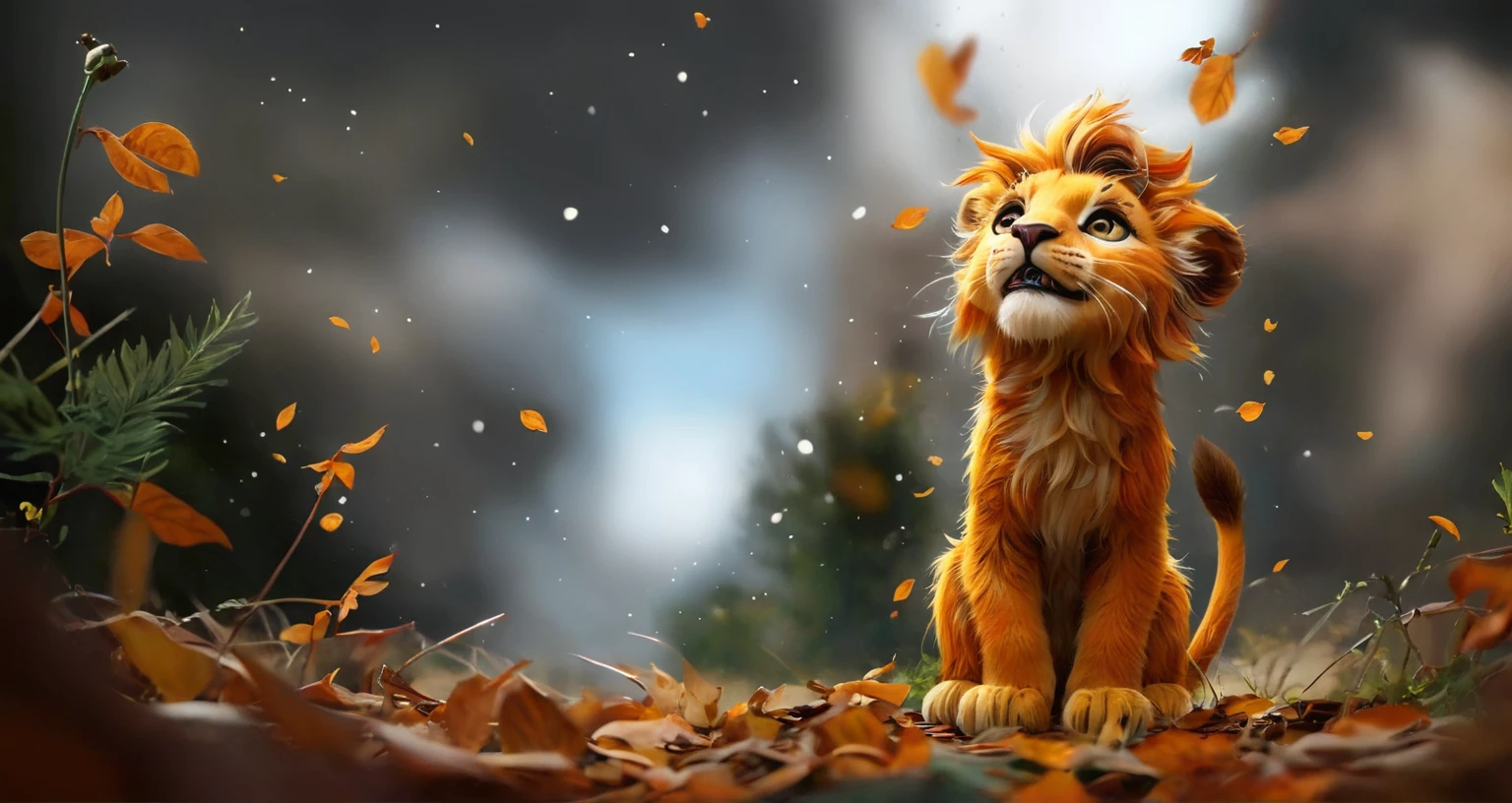 There is a cat that is sitting in the leaves, Beautiful digital artwork, cute lion, hd wallpaper, adorable digital painting, HD wallpaper, Realistic scene, beautiful high resolution, high quality desktop wallpaper, cute detailed digital art, high definition art, amazing wallpaper, 4 k HD wallpaper very detailed, Beautiful art, dramatic and detailed cinematic fur, beautiful wallpaper, fierce expression 4k