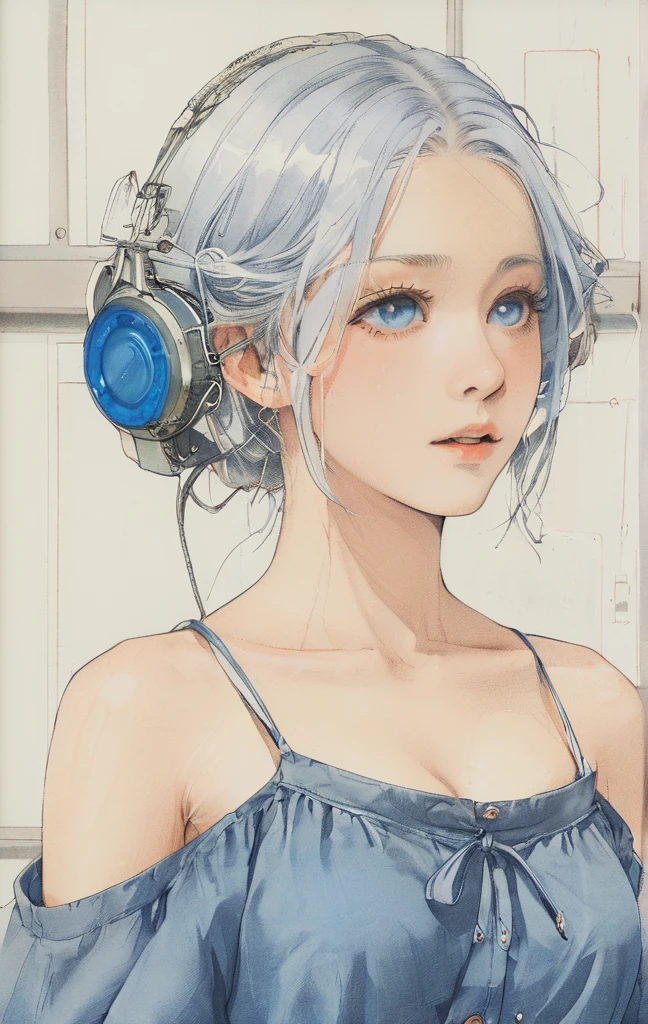 female,silver hair,blue eyes,short camisole,crop shirt,Off shoulders,white,Art, anime,illustration