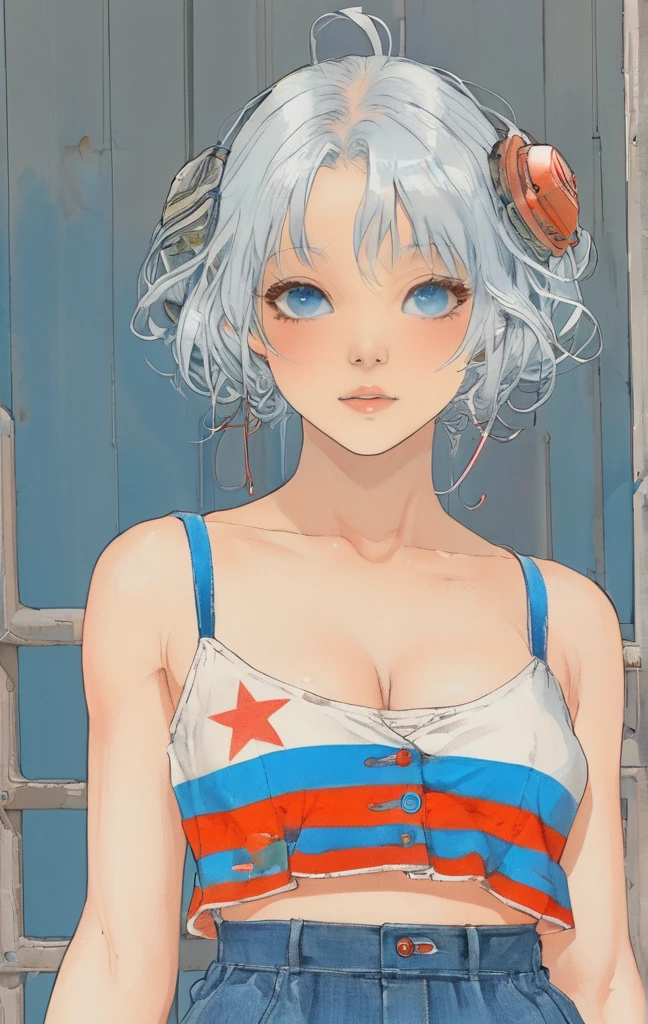 female,silver hair,blue eyes,short camisole,crop shirt,Off shoulders,white,Art, anime,illustration