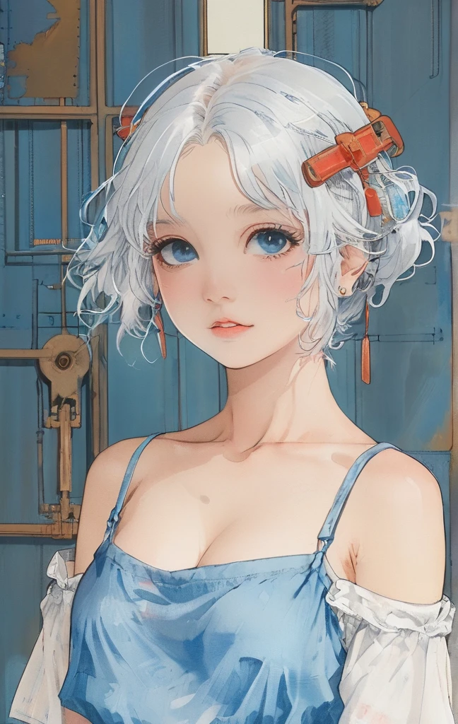  female，silver hair，blue eyes，short camisole，crop shirt，Off shoulders，white，Art， anime，illustration