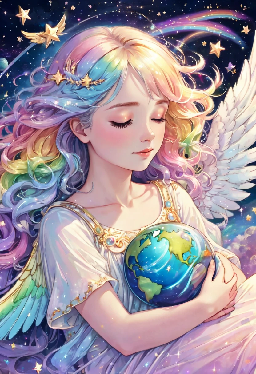 Beautiful angel sleeping happily holding the earth, outer space, pastel rainbow colored wings, shooting stars, fine pearl light