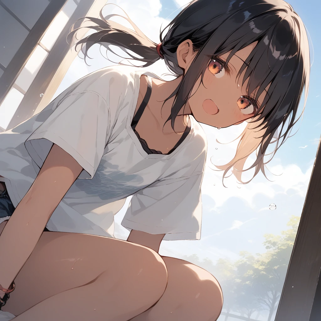 score_9, score_8_up, score_7_up, source_anime, best quality, masterpiece, official art, absurdres, highres, ultra-detailed,waifu2x,Collection: Slice of Life,break,1girl, tomboy, dark-skinned female, short hair, low ponytail, flat chest, beautiful detailed eyes, short shorts, sweat, open mouth, (yawn:0.3), sleepily, outdoors, wind, break,(clear line illustration:1.2),very high resolution, very aesthetic, super detailed skin, Best sexual lighting powered by famous artist, 8k,cute picture,beauty illustration,photoshop_(medium),,(Detailed Lighting),best anime 8k konachan wallpaper, pixiv contest winner,