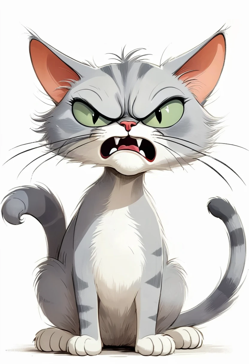 Jim Davis cartoons, A humor and Expressive cartoon of an angry grey cat, permanent,Pure white background, humor, Expressive, angry,
