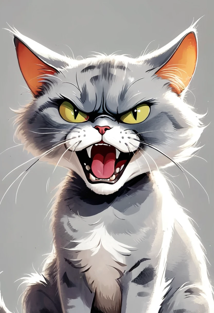 Jim Davis cartoons, A humor and Expressive cartoon of an angry grey cat, permanent,Pure white background, humor, Expressive, angry,