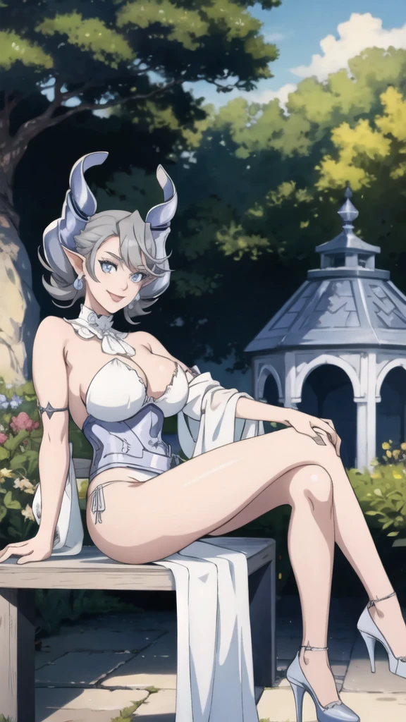 garden sun light High level image quality best image quality 8K adult woman silver castle outside more colors whole body view portrait bikini horn ears short hair((shortcut)(gray hair)(perm)(fluffy)) eye color is blue , , attractive evil face , smile , sexy pose , labrynth , barearm , wearing white , sitting on chair , crossed legs, view heels , view side