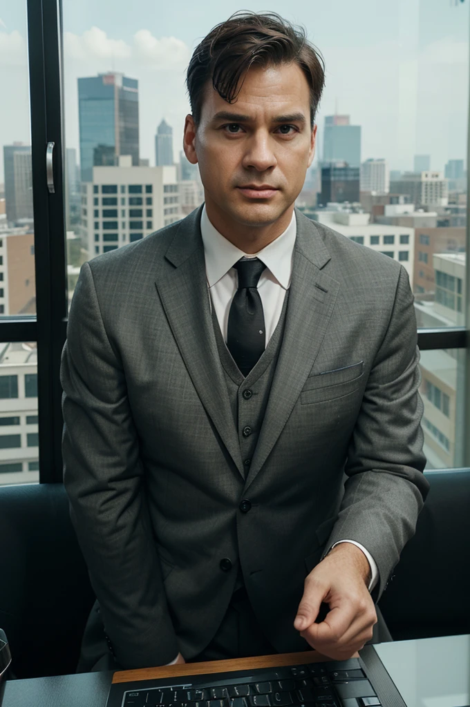 A serious man, middle-aged.
• Description: with suit and tie.
• Era: present.
• Outfit: Formal.
• Place: Corporate office.
• Action: Pointing at a computer screen showing a growth graph.
• Fund: Large windows with city views.
• Plan type: plano americano.
• Style: realistic photography.