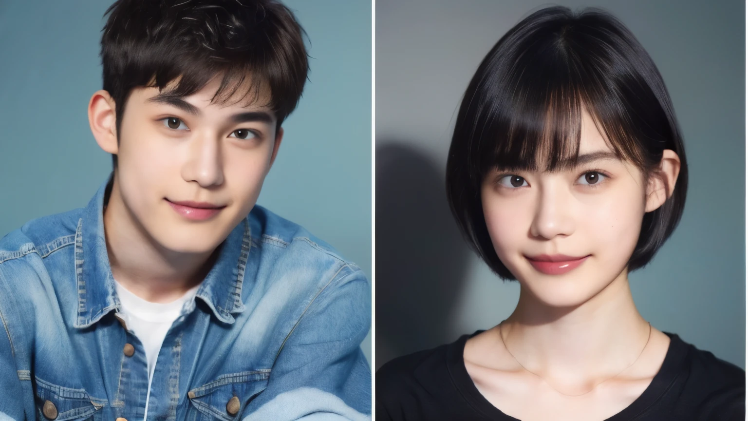 250 (An 18-year-old female and an 18-year-old male), (short hair),kind, lipstick, (jeans), (Animal charactersＴshirt), smile