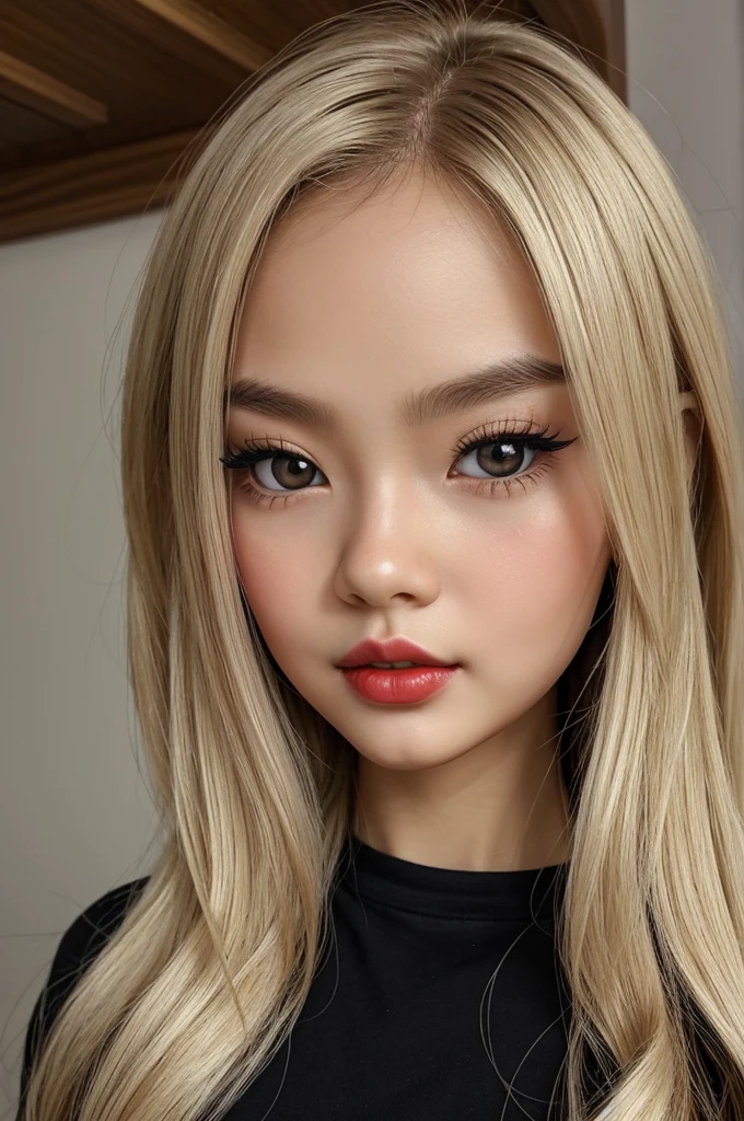 ((best quality)), ((masterpiece)), (detailed), perfect face Specifically, I want a blythe doll with white skin, slightly slanted eyes (Asian), slightly wavy, long, ash blonde hair, strictly NO bangs, I don't want hair on the forehead!!!!,  brown eyes, dark brown eyebrows, small nose and pointed, thick lips with red lipstick, the doll must wear a black t-shirt with thin straps, and send a kiss as a pose and a little bit large face