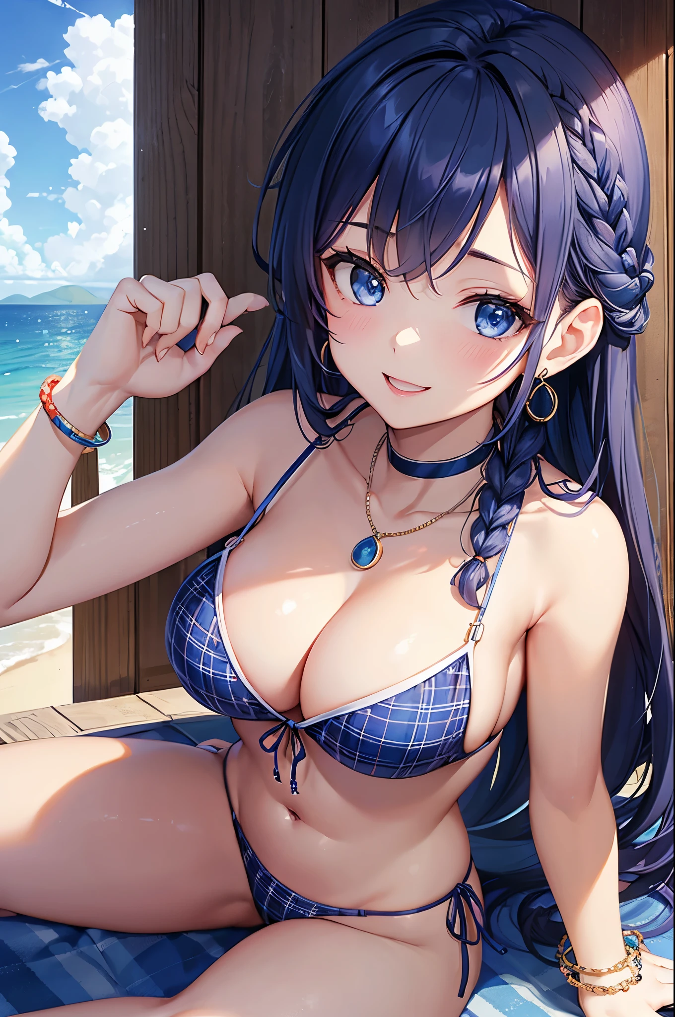Highest quality、Highest quality、masterpiece、(8K),beauty(Age 25)、Navy blue long hair(Braiding of sides)、blue eyes、Sexy Bikini(Plaid)、Big cleavage、(Big Breasts)、smile、blue necklace、Blue Earrings、background(Beach)、Please open your mouth wide、bracelet、Arching pose、Blue choker