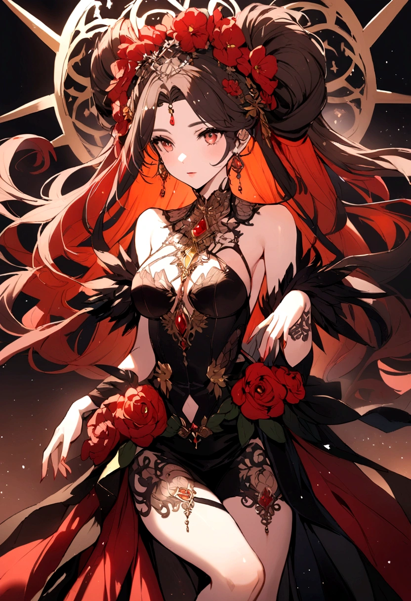(Character sheet), (((ultra-detailed))), ((extremely detailed)), (((intricate details))), (((full-bodied))), standing, ((extremely delicate and beautiful)), ((an extremely delicate and beautiful Fox girl)), (Color palette: Red, black, gold), manjusaka, ((solo:1.9)), ((fox girl)), (Black and red Kitsune with long black hair with fox ears and fox tail), (2 colored ears), (black and red fox ears:1.6), (2 colored tail), (black and red single fox tail:1.6), ((finely detailed beautiful eyes and detailed face)), sad expression, melancholic smile, long hair, (((black hair))), (red empty eyes), beautiful detailed soft eyes, mature female, slender, medium breast, (Black and red sailor uniform), medium height black boots, ((black choker with red pendent)), lycoris flower birthmark on neck, bishoujo, 19 years old,