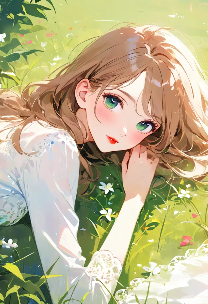 elegant Shanghai woman lie down Green grass, morning light,beautiful eyes, long eyelashes, rosy red lips,clean face,soft, minimalist,high definition 