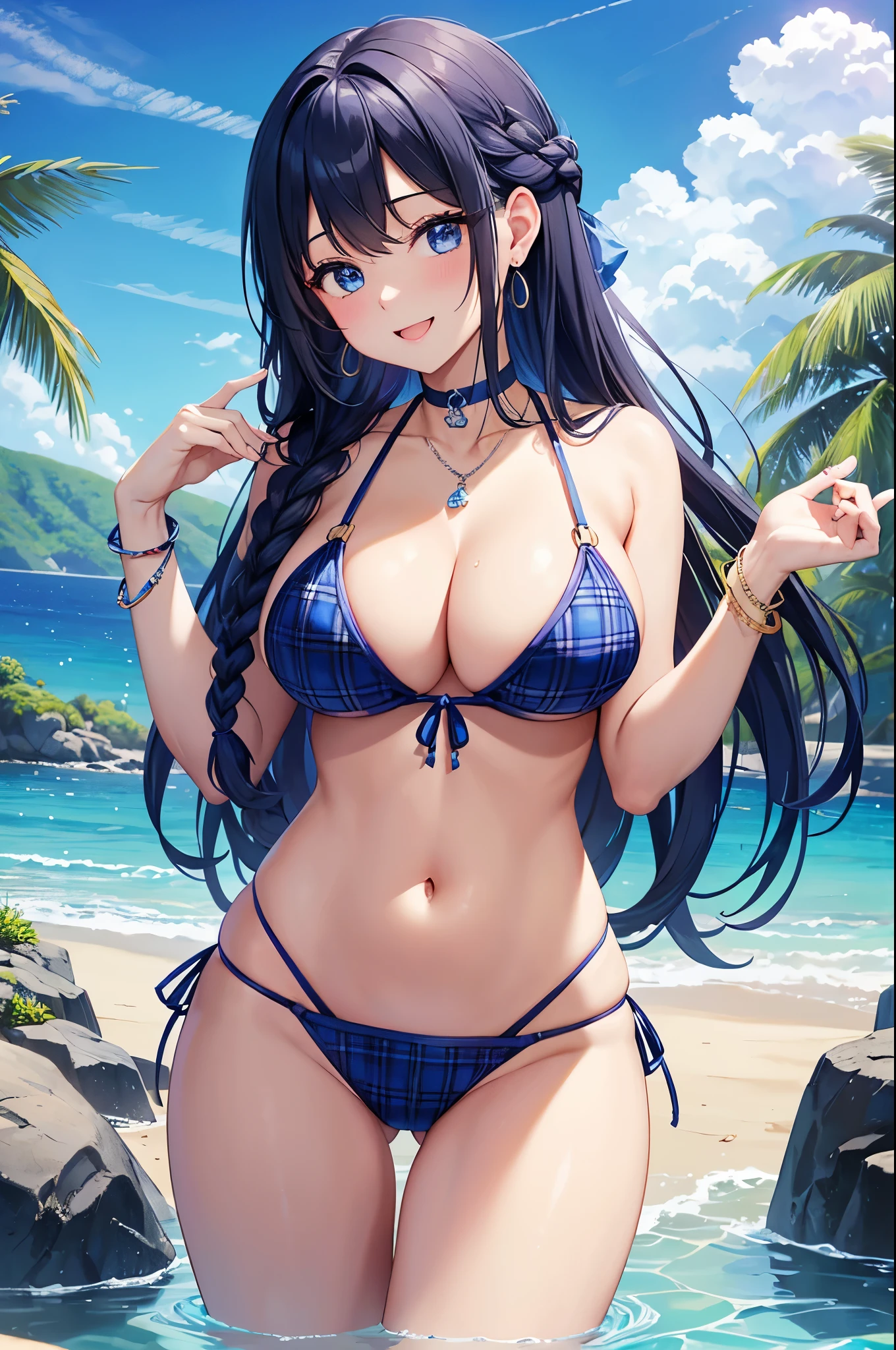 Highest quality、Highest quality、masterpiece、(8K),beauty(Age 25)、Navy blue long hair(Braiding of sides)、blue eyes、Sexy Bikini(Plaid)、Big cleavage、(Big Breasts)、smile、blue necklace、Blue Earrings、background(Beach)、Please open your mouth wide、bracelet、Arching pose、Blue choker