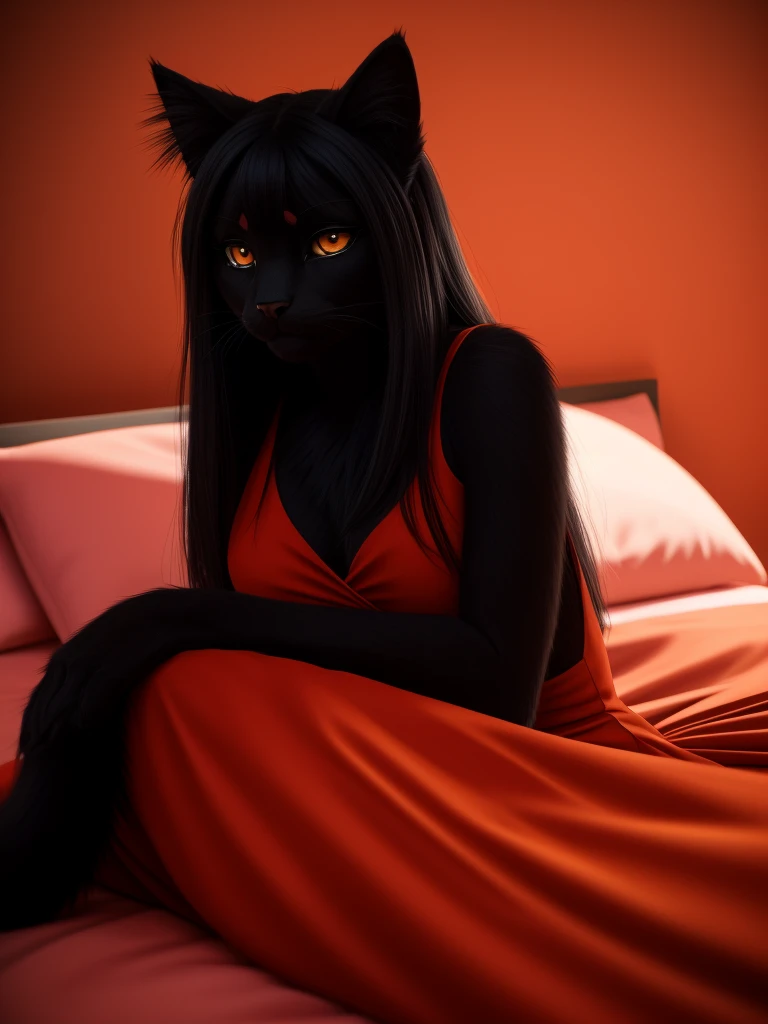 Posing, lying in bed, Female, 30 years old, cute, eyeliner, long hair, sad, red dress, bedroom eyes, anthro, cat ears, (black fur:1.5), cat, bedroom background, 8k, hi res, (best quality, masterpiece), amber eyes