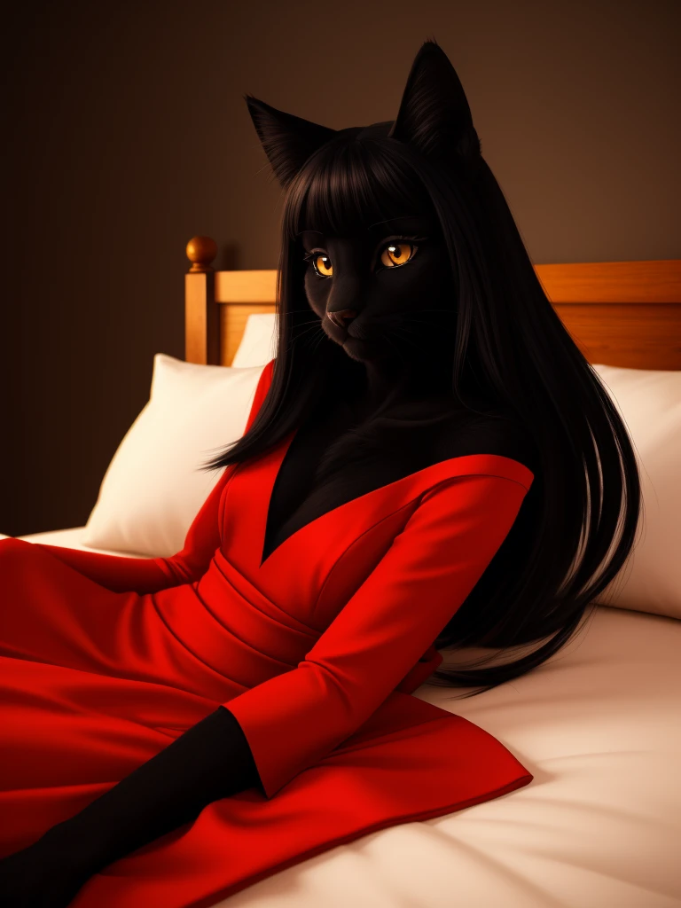 Posing, lying in bed, Female, 30 years old, cute, eyeliner, long hair, sad, red dress, bedroom eyes, anthro, cat ears, (black fur:1.5), cat, bedroom background, 8k, hi res, (best quality, masterpiece), amber eyes