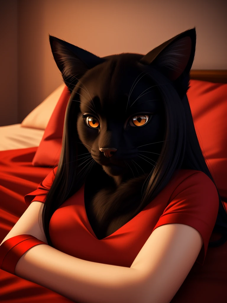 Posing, lying in bed, Female, 30 years old, cute, eyeliner, long hair, sad, red dress, bedroom eyes, anthro, cat ears, (black fur:1.5), cat, bedroom background, 8k, hi res, (best quality, masterpiece), amber eyes