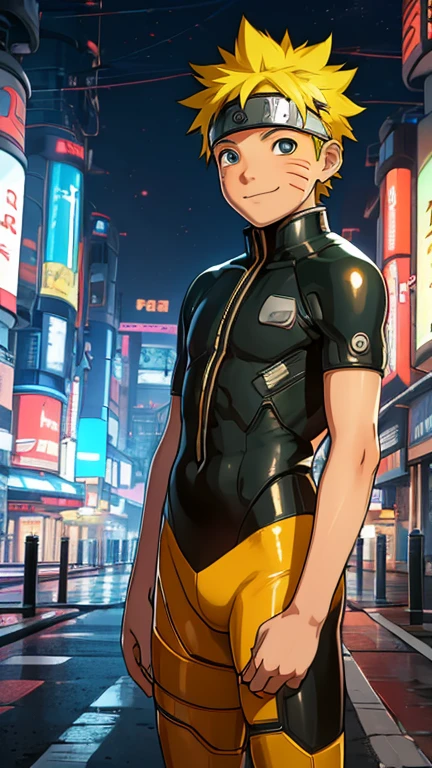 (8k),(masterpiece),(Japanese),(8-year-old boy),((innocent look)),((Childish)),From the front,smile,cute,Innocent,Kind eyes,Flat chest, Uzumaki Naruto wearing cyberpunk bodysuit,Short,Hair blowing in the wind,Yellow Hair,Strong wind,night,dark, Neon light cyberpunk Konoha village