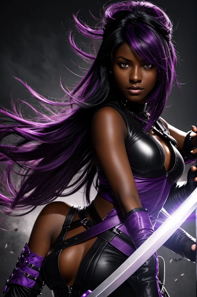 Dark-skinned woman with black hair and purple tips, purple eyes next to a sword 