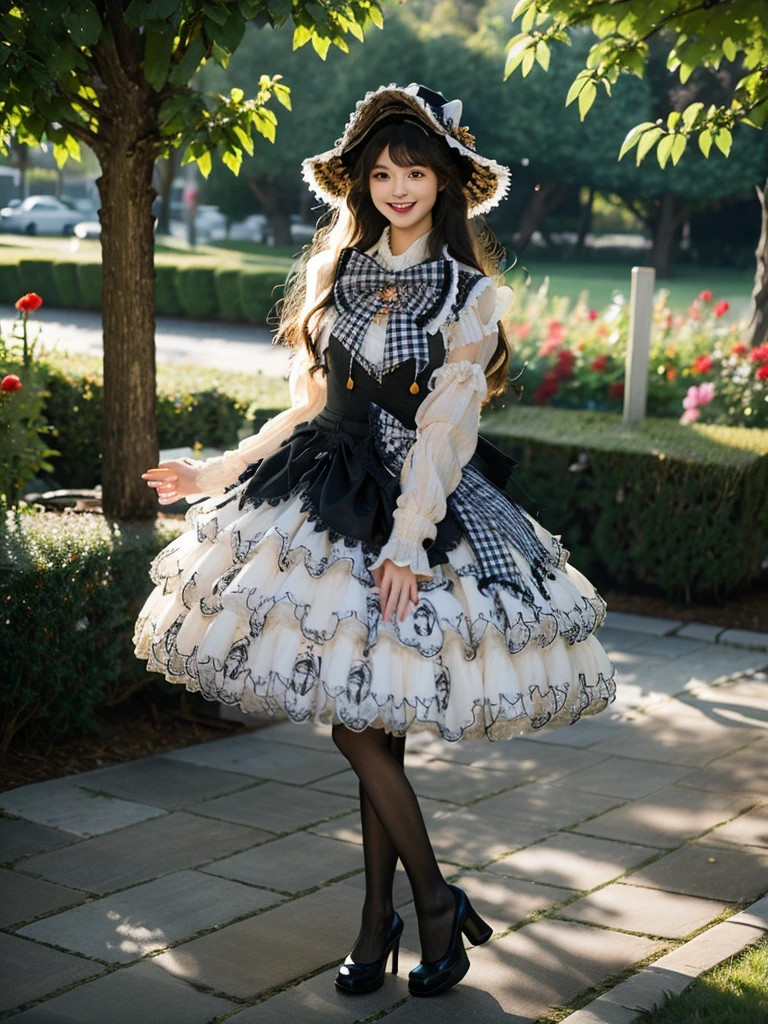 best quality, masterpiece, realistic, photorealistic, 1girl, solo, long hair, black hair, looking at viewer, smile, standing, arms at side, full body, cyb dress, long sleeves, hat, headwear, frilled dress, layered dress, frills, bow, plaid bow, black pantyhose, high heels, garden, flower, tree, water, 16k, japanese idol, realistic