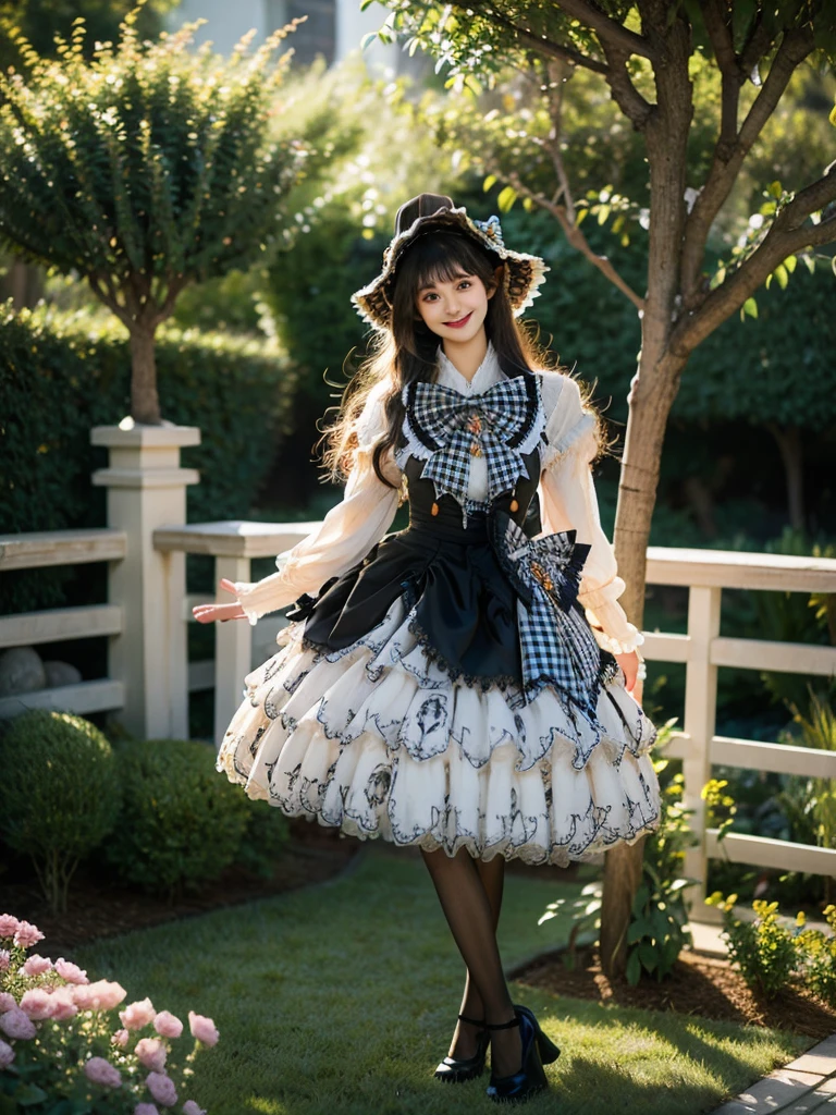 best quality, masterpiece, realistic, photorealistic, 1girl, solo, long hair, black hair, looking at viewer, smile, standing, arms at side, full body, cyb dress, long sleeves, hat, headwear, frilled dress, layered dress, frills, bow, plaid bow, black pantyhose, high heels, garden, flower, tree, water, 16k, japanese idol, realistic
