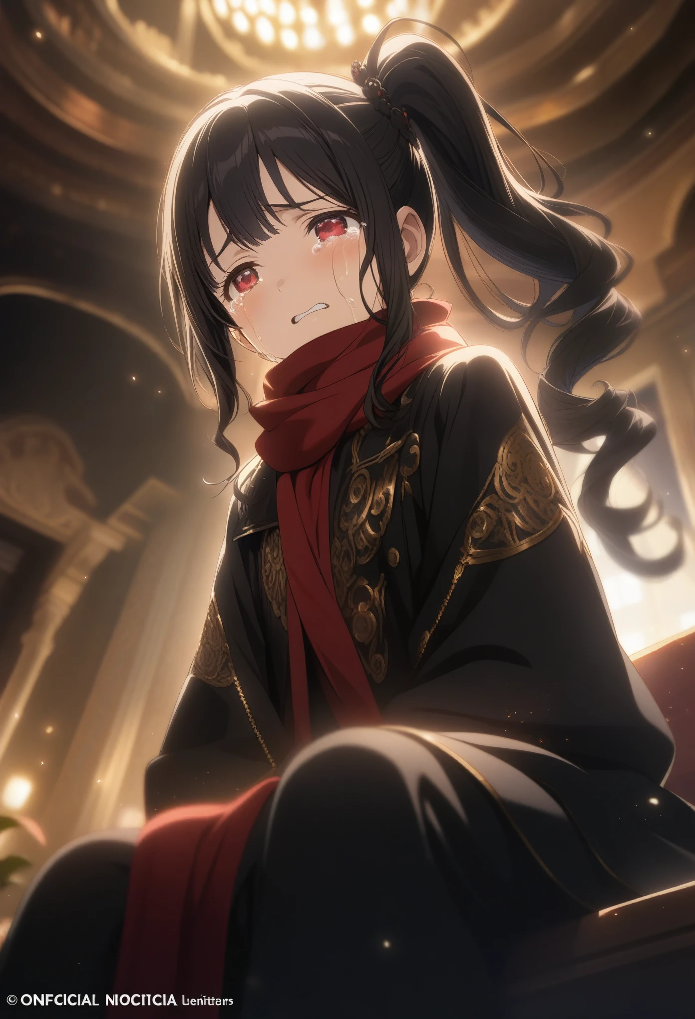 1girl pairan, official art, sitting, crying, tears streaming, black coat, red scarf, black hair, side_ponytail, red eyes, (very aesthetic, best quality, ultra detailed), intricate details, highres, indoors, light particles, close-up, blurry background,, low angle, cinematic angle, cowboy shot, emotional, delicate features