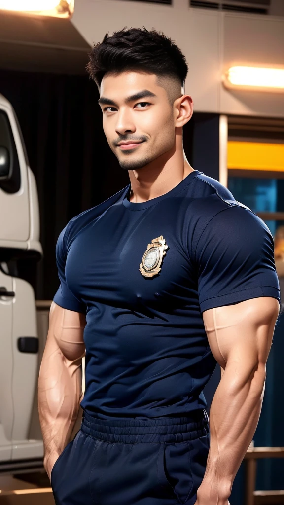 korea male male model sit on the table , big muscles, handsome, cool, smoothly combed hair, pierced ears, wearing a t-shirt navy top, holding a lollipop, portraiture, modeling, dynamic pose, Japanese street, late at night, store lights trade, full half body shot, kind_smile, open mouth, fullbodypolice officer, Korean Men ,facial hair, Full body, ,(Police badge) ,(Torn navy round neck shirt), (Navy blue round neck shirt.), (Abrasions on the body....: 1.3), (Navy Cargo Pants: 1.3), Short Hair Hair, (High shadow detail),Pectoral muscles, Big arm muscles, blood vessel, Big muscles, Wide shoulders, Abrasions on the body...., Abrasions on the face, nighttime , fire truck