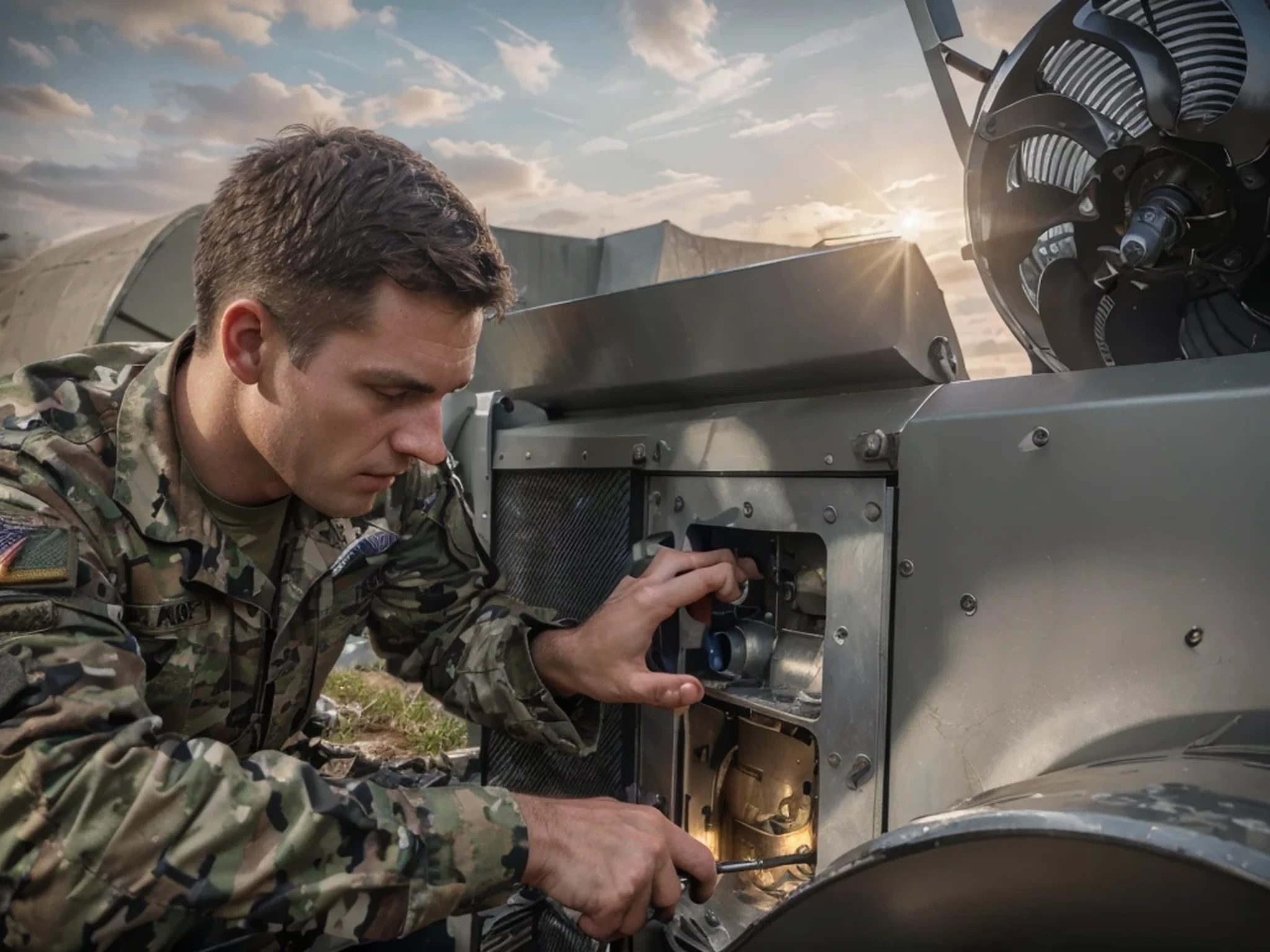 male military engineer, Military uniform in blue and white camouflage, Man with Dutch features, The man is fixing an engine, Holding a tool, hands with black gloves, Gloves with highly detailed hands, Background image, exterior, Military installation , hyperrealistic, 4k, Ultra detailed image, realistic, Highly detailed, perfect composition, gorgeous, Intricately detailed, incredibly detailed, Art photography 8K, hyper detailed, Masterpiece, Ultra detailed, hyper realistic, 4k, Ultra detailed image, realistic, Highly detailed , perfect composition, beautiful, intricately detailed, incredibly detailed, art photography 8k, hyper detailed, masterpiece