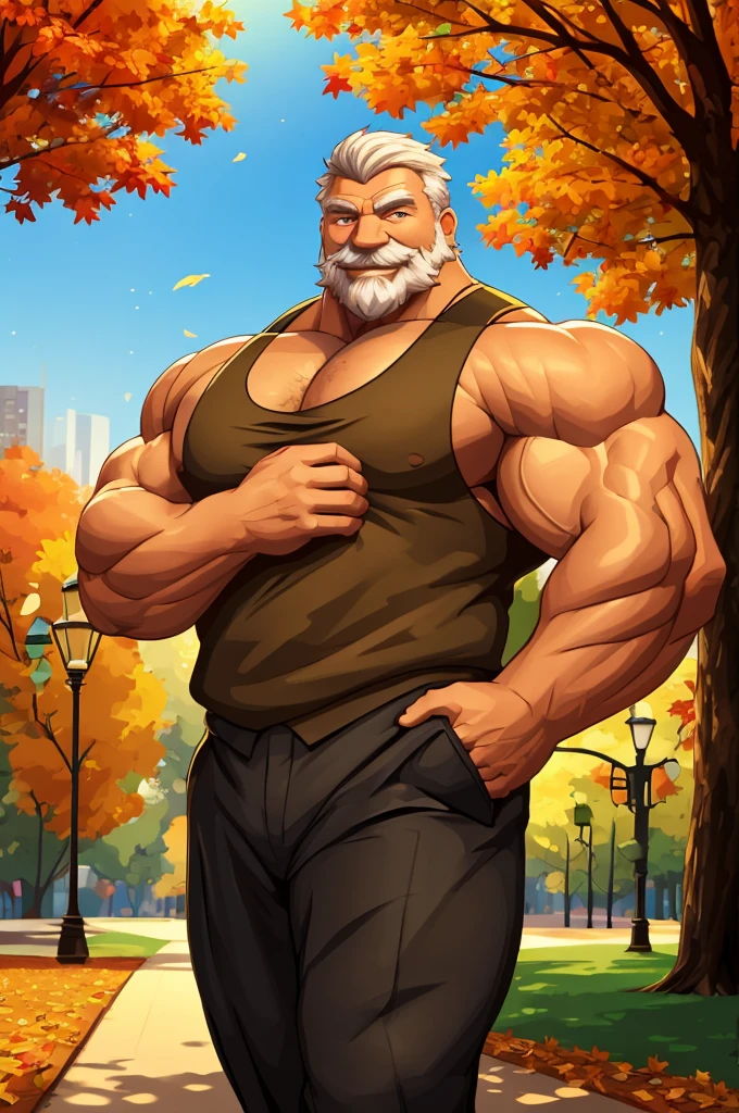 a muscular old man in park, tank top, happy, autumn, suits, vector, mwvector, bokeh, smile, (masterpiece:1.2),(best quality,8k),huge and muscular,thick arms,short hair,white hair,hand on pocket