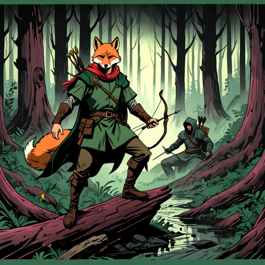 fox robin hood, Archer, animated, hand drawn, rotoscope, cinematic, expressive, ink style figure, apocalyptic russian dense forest, VHS, glitch, distorted, nostalgia, 90's retro vibes, analog tape, vcr aesthetics, tv, television, hand drawn, (full roygbiv color) ink charcoal expressive illustration, no light source, darkness, light mask uv rays across face, splash page