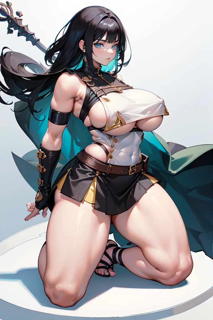 (masterpiece), best quality, female warrior, huge girl, female muscular:1.2, straight hair, black hair, massive breast, curvy, ((thick thighs:1.4)), (((blank background))), ((full body)), fingerless gloves, sandals, sleeveless, covered nipples, (underboobs:1.3), medium hair, thin hair, (very short skirt), blunt bangs, ((kneeling)), ((seiza))