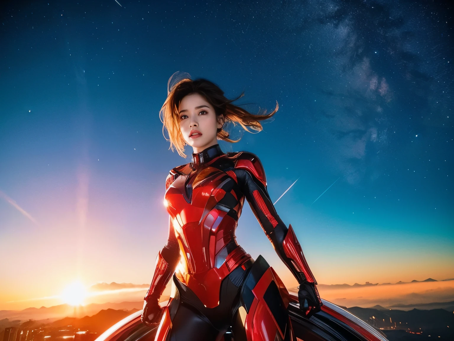 (RAW Photos, Highest quality), (Realistic, Photorealistic:1.3), 1 Girl、Realisticbody、Red and gold battle suit、Pyramid-shaped UFO from outer space、Countless laser beams、Tron、Starship、Mature Woman