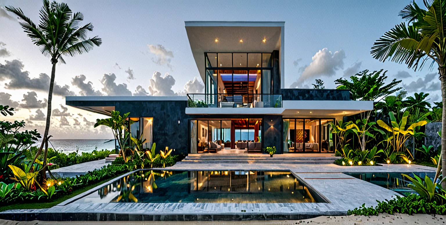 Boho house, luxury beach front Caribbean luxury villa, glass open space loft villa with roof garden, modern, dynamic (RAW photo, real, best quality, masterpiece:1.2), (hyper realistic, photo-realistic:1.2), high quality, (dark lighting:1.2), perfect lighting, archdaily, architecture digest award wining sustainable architecture, cinematic