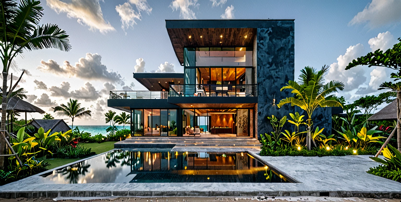 Boho house, luxury beach front Caribbean luxury villa, glass open space loft villa with roof garden, modern, dynamic (RAW photo, real, best quality, masterpiece:1.2), (hyper realistic, photo-realistic:1.2), high quality, (dark lighting:1.2), perfect lighting, archdaily, architecture digest award wining sustainable architecture, cinematic