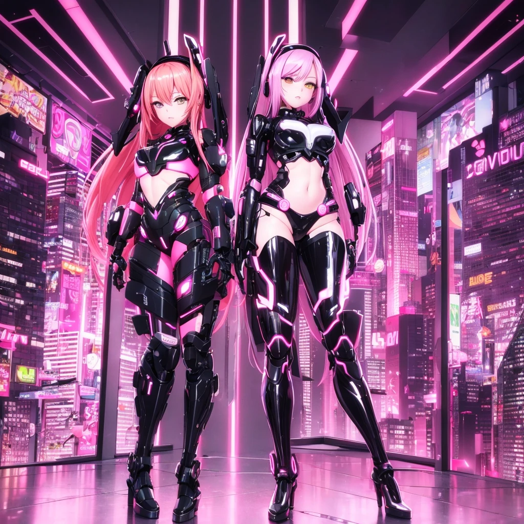 Two sexy Android girls posing next to each other back to back with a half turn they have long pink hair in a pink suit with small yellow elements woman half cyborg modifications twin girls Beautiful sexy with bright yellow eyes stands at full height half turn sideways Anime Style black background Cyberpunk style, Robot Girl, black background image of night black city and pink neon lights
