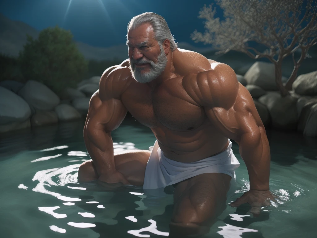 (best quality,4k,8k,highres,masterpiece:1.2),ultra-detailed,(realistic,photorealistic,photo-realistic:1.37),dramatic lighting,chiaroscuro,atmospheric,moody,cinematic. japanese man, huge muscular old man soaking in an open onsen, white and short hair, white beard, old, old man, grandpa, half submerged, huge scar on chest, , (huge muscular), detailed muscles, thick arms, wide pectoral, 8k, masterpiece:1.2, hyperrealistic, white fundoshi:1.2, highly detailed full body, rich colors, serene atmosphere, hot spring, landscape, soft ambient lighting, wrinkled skin, happy expression, reflective water, peaceful relaxation