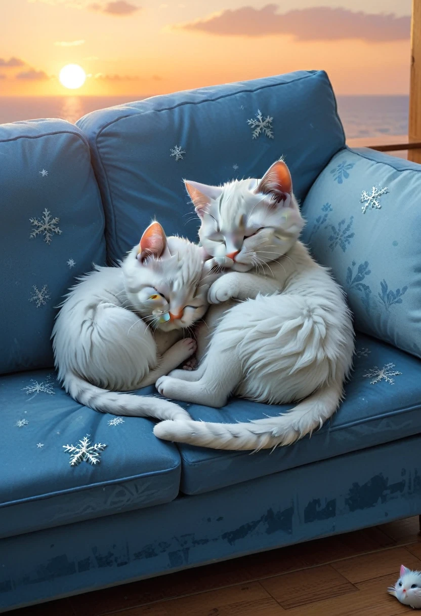 With the sunset in the background,(masterpiece:1.2, high quality),Sleeping frozen on the sofa2Kittens、