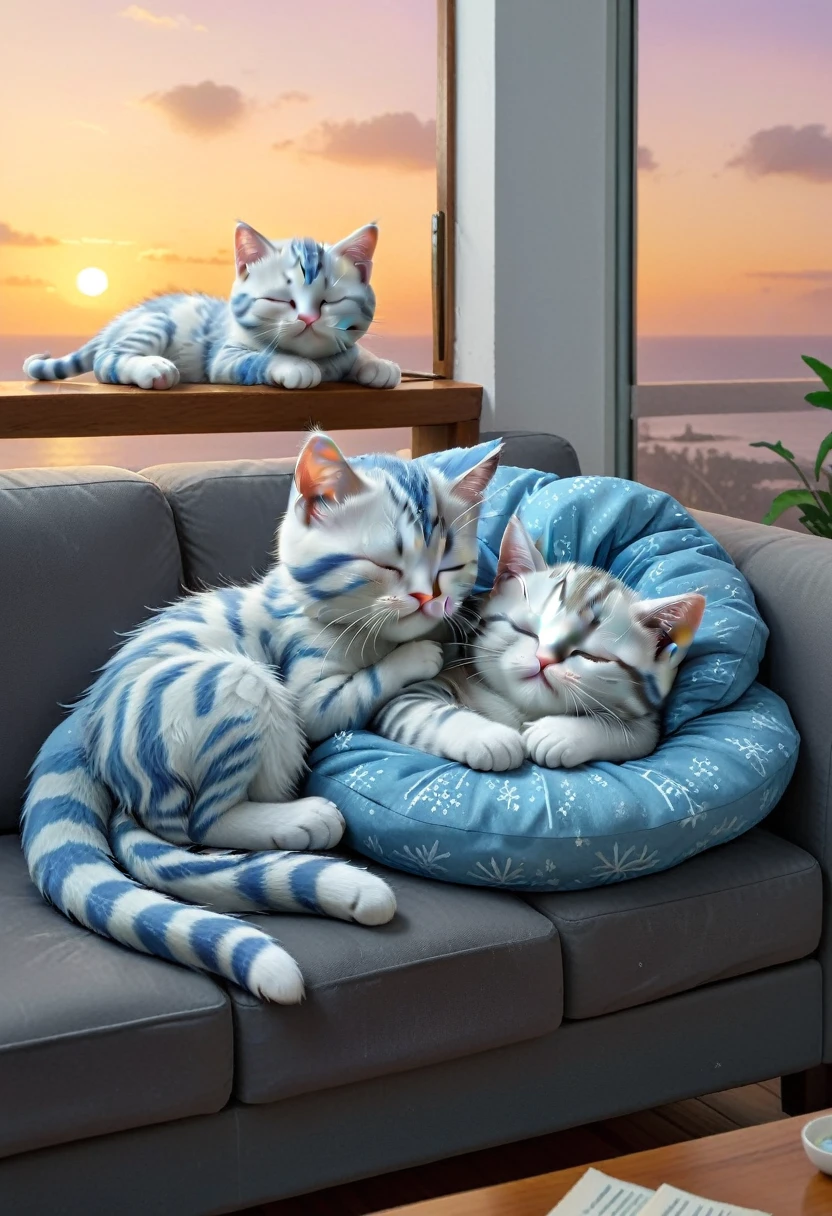 With the sunset in the background,(masterpiece:1.2, high quality),Sleeping frozen on the sofa2Kittens、