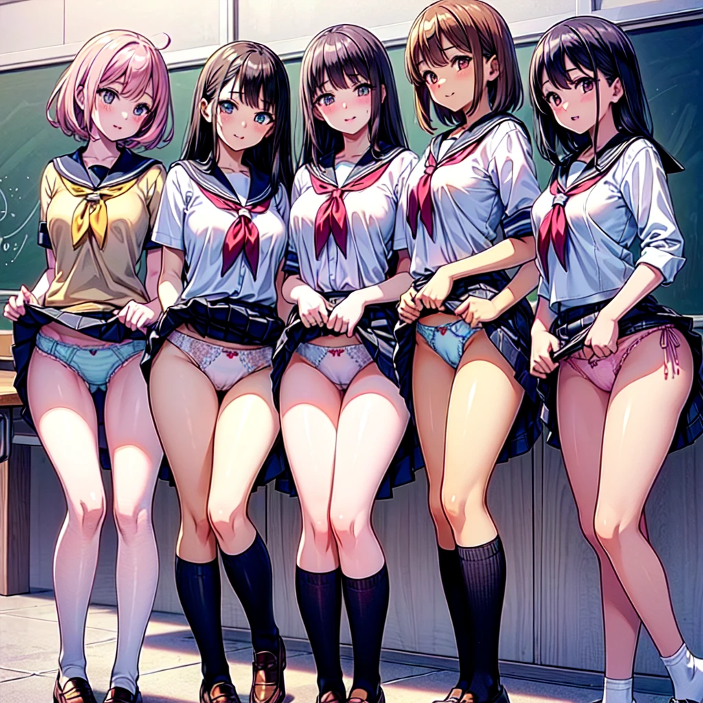 ((masterpiece, highest quality, High resolution, 超High resolution, Perfect Pixel, Depth of written boundary, 4K, RTTX 10.0, High resolution))), (Five adult women:1.3), Beautiful Anime Woman, Beautiful art style, Anime characters, ((Long Hair, bangs, Dark brown hair, Various hairstyles)), ((Beautiful eyelashes)), ((Detailed face, blush:1.2)), ((Smooth texture, Realistic texture, Anime CG Style)), Perfect body, Slender body, Exact finger count、Exact number of legs、Exact number of arms, (blush:1), (The five women are standing side by side, lifting their skirts to greet the crowd.:1.2), ((Fashionable white shirt, Sailor collar, mini skirt, Knee-high socks, loafers: 1.2)), (Lift up your skirt yourself:1.1), Realistic, (Slender body:1.1), highest quality, High resolution, Very detailed face, Perfect lighting, Extremely detailed CG, (Perfect hands, Perfect Anatomy), Embarrassed expression, (School classroom, Blackboard background:1.3), Morning sun-like lighting, whole body, ((Stylish and sexy shiny satin panties, Stylish lace side-tie panties, White panties, Pink Panties, Light blue panties:1.2)), Angle from the front、(Beautiful and thin thighs:1.1),NSFW