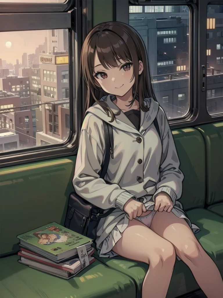 (1) sitting alone on a long train seat,Sit with your legs apart,Showing white panties, Composition from the front,Low Angle,
(2) I'There is a JK, She is wearing a miniskirt uniform, Sailor suit and loose socks.,
(3) I have medium length brown hair,
(4) Provocative, smirking expression.,
(5) The location is a long seat on the Yamanote Line at night..,There are no other customers,The view outside the window is the night view of the city.