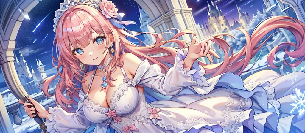 Masterpiece、Highest quality、Super detailed、1 girl、Light pink hair、Fluffy and soft long hair、Starry Skyのような瞳、Big Tits、Cleavage、The underboob is visible、Lace Underwear、Castle、snow、Starry Sky、Shimmering dresses、smile、Earrings、choker、Lace cape、Light blue fluffy dress、