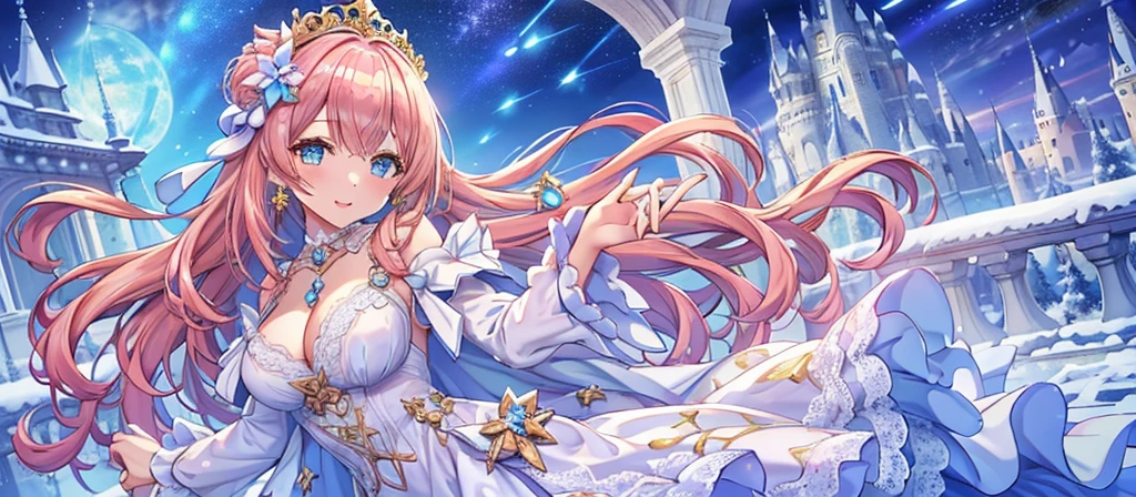 Masterpiece、Highest quality、Super detailed、1 girl、Light pink hair、Fluffy and soft long hair、Starry Skyのような瞳、Big Tits、Cleavage、The underboob is visible、Lace Underwear、Castle、snow、Starry Sky、Shimmering dresses、smile、Earrings、choker、Lace cape、Light blue fluffy dress、