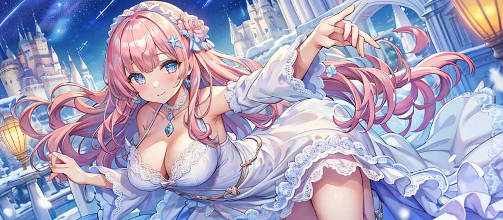 Masterpiece、Highest quality、Super detailed、1 girl、Light pink hair、Fluffy and soft long hair、Starry Skyのような瞳、Big Tits、Cleavage、The underboob is visible、Lace Underwear、Castle、snow、Starry Sky、Shimmering dresses、smile、Earrings、choker、Lace cape、Light blue fluffy dress、