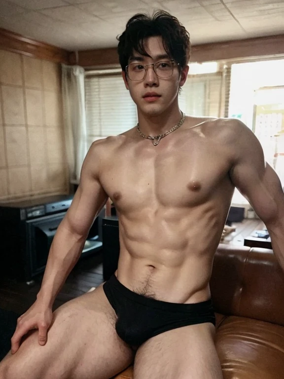 1man, solo, (Andrew thomas huang, neat muscular, oval face, bulge:1.2 ,(eyeglasses), shirtless, black short shorts, singing), 1hand holding microphone, living room, karaoke