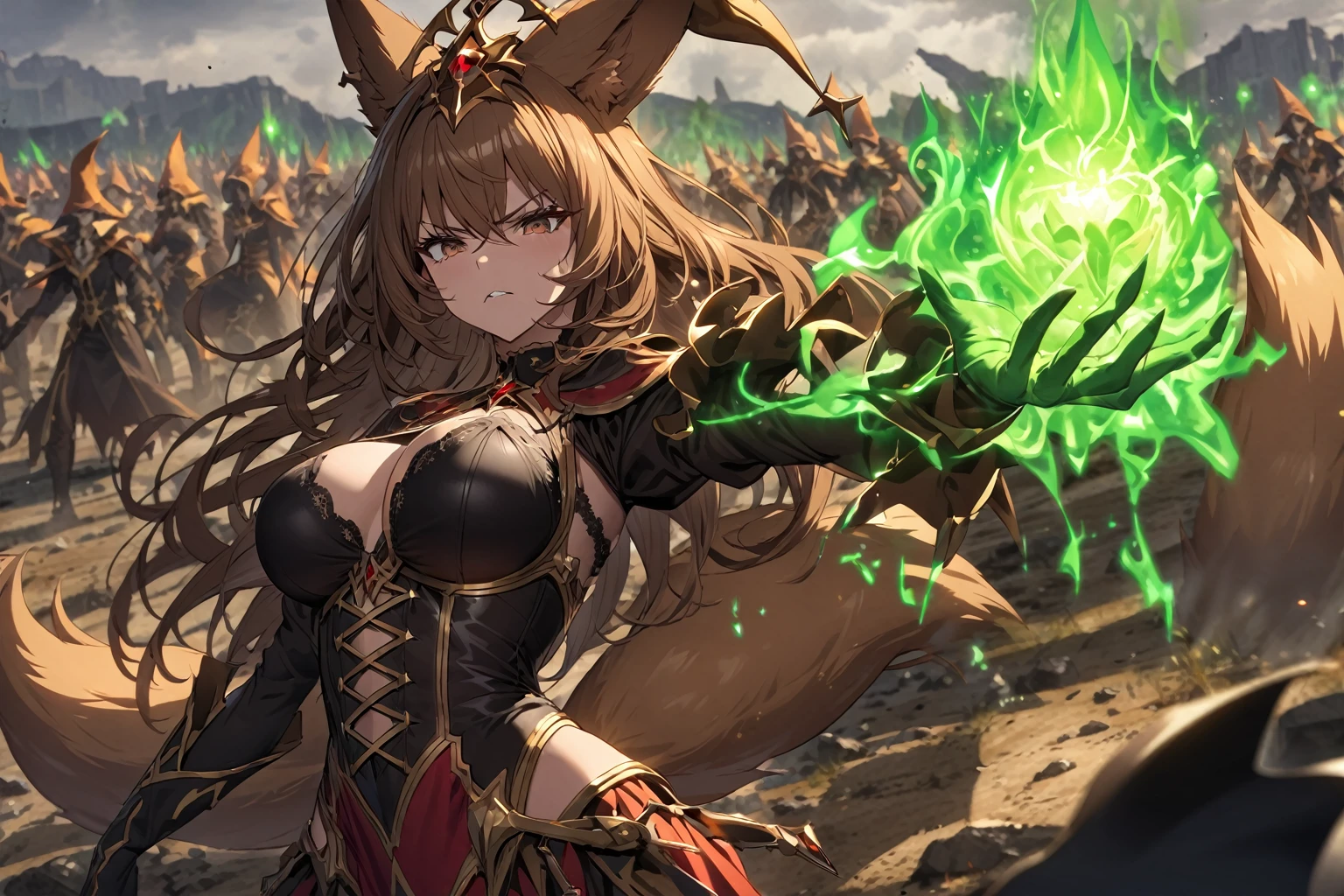 hand drawing, high detail, kitsune necromancer on a battlefield, using magic to raise the dead, sexy outfit, brown hair, brown eyes, evil, green magic, foxtail