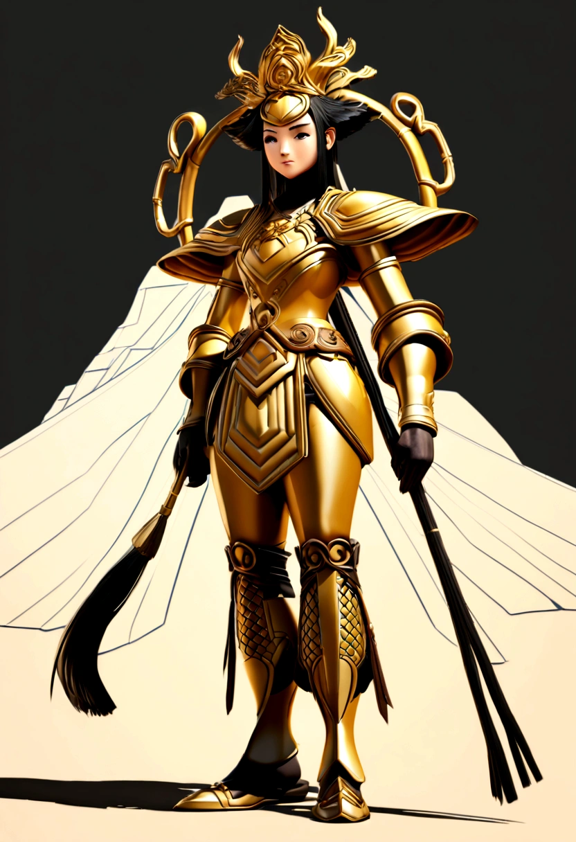 This is a male game character, seemingly the Monkey King from Journey to the West. She is wearing black and gold armor, with a golden hoop on her head, with red and black details, full body pose, holding a stick, the Golden Hoop Stick, hopefully a Pixar-style creation, this is a game character design, there is no text in the design, the background is designed according to the character, hopefully a snowy mountain with a spectacular temple building, the cartoon style seems to highlight the character's background, the image has high resolution, original game style, high details, high contrast and high color saturation. It may be a 3D render created in blender using a 50mm lens at f/4 aperture, showing the character's dynamic pose --ar 1:1