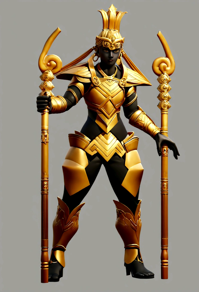 This is a male game character, seemingly the Monkey King from Journey to the West. She is wearing black and gold armor, with a golden hoop on her head, with red and black details, full body pose, holding a stick, the Golden Hoop Stick, hopefully a Pixar-style creation, this is a game character design, there is no text in the design, the background is designed according to the character, hopefully a snowy mountain with a spectacular temple building, the cartoon style seems to highlight the character's background, the image has high resolution, original game style, high details, high contrast and high color saturation. It may be a 3D render created in blender using a 50mm lens at f/4 aperture, showing the character's dynamic pose --ar 1:1