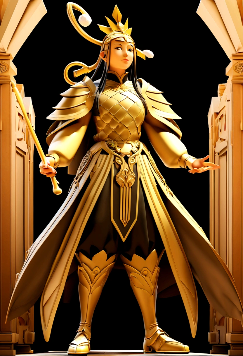 This is a male game character, seemingly the Monkey King from Journey to the West. She is wearing black and gold armor, with a golden hoop on her head, with red and black details, full body pose, holding a stick, the Golden Hoop Stick, hopefully a Pixar-style creation, this is a game character design, there is no text in the design, the background is designed according to the character, hopefully a snowy mountain with a spectacular temple building, the cartoon style seems to highlight the character's background, the image has high resolution, original game style, high details, high contrast and high color saturation. It may be a 3D render created in blender using a 50mm lens at f/4 aperture, showing the character's dynamic pose --ar 1:1